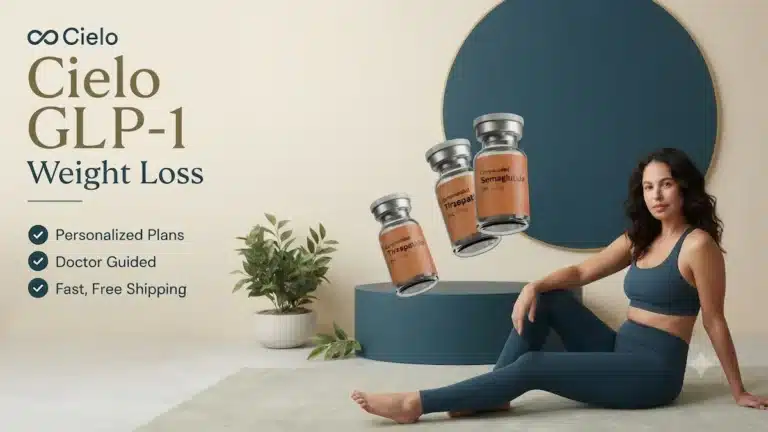 Cielo GLP-1 Review - A woman sitting next to Cielo GLP-1 weight loss medication vials and personalized plan checkmarks